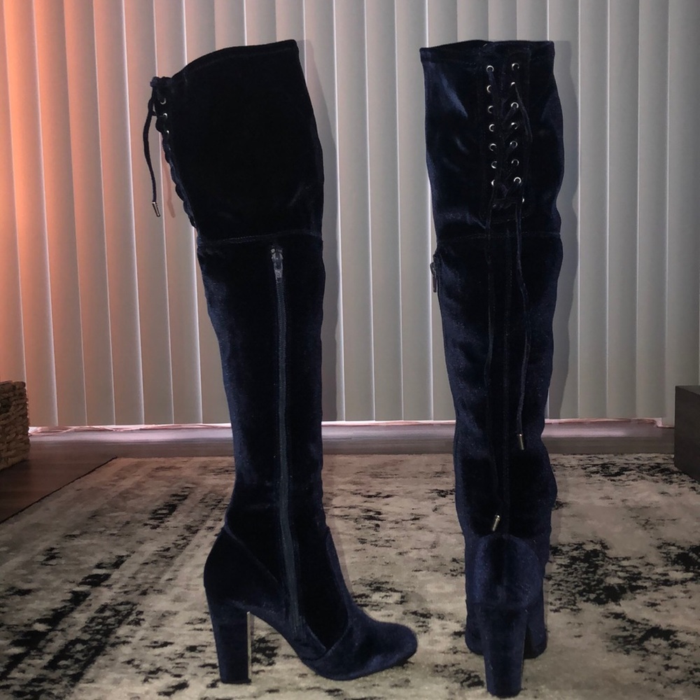 Blue suede over the knee boots
